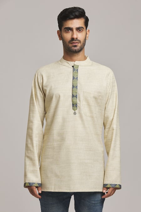 Arihant Rai Sinha Beige Cotton Embroidery Placket Short Kurta Online at Aza Fashions Arihant Rai Sinha_Beige Cotton Embroidery Placket Short Kurta _Online_at_Aza_Fashions