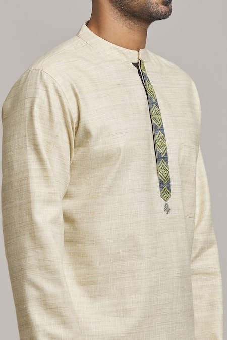 Shop Arihant Rai Sinha Beige Cotton Embroidery Placket Short Kurta Online at Aza Fashions Shop_Arihant Rai Sinha_Beige Cotton Embroidery Placket Short Kurta _Online_at_Aza_Fashions
