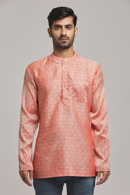 Arihant Rai Sinha Maroon Cotton Embroidery Brocade Pattern Short Kurta Online at Aza Fashions Arihant Rai Sinha_Maroon Cotton Embroidery Brocade Pattern Short Kurta _Online_at_Aza_Fashions