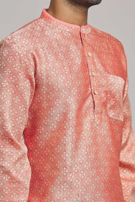 Shop Arihant Rai Sinha Maroon Cotton Embroidery Brocade Pattern Short Kurta Online at Aza Fashions Shop_Arihant Rai Sinha_Maroon Cotton Embroidery Brocade Pattern Short Kurta _Online_at_Aza_Fashions