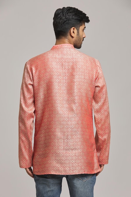 Shop Arihant Rai Sinha Maroon Cotton Embroidery Brocade Pattern Short Kurta at Aza Fashions Shop_Arihant Rai Sinha_Maroon Cotton Embroidery Brocade Pattern Short Kurta _at_Aza_Fashions