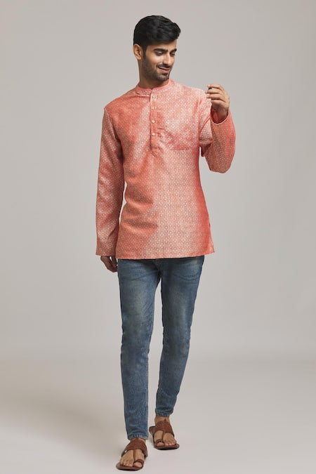 Arihant Rai Sinha Maroon Cotton Embroidery Brocade Pattern Short Kurta at Aza Fashions Arihant Rai Sinha_Maroon Cotton Embroidery Brocade Pattern Short Kurta _at_Aza_Fashions