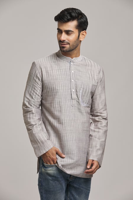 Arihant Rai Sinha Grey Cotton Placement Embroidery Pocket Short Kurta 