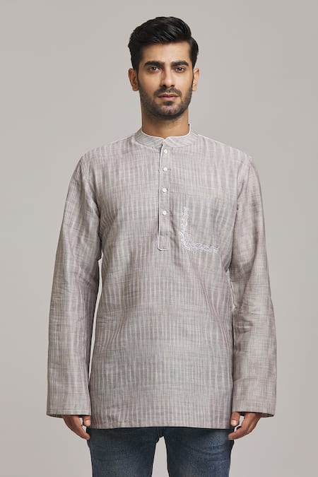 Arihant Rai Sinha_Grey Cotton Embroidery Pocket Short Kurta _Online_at_Aza_Fashions