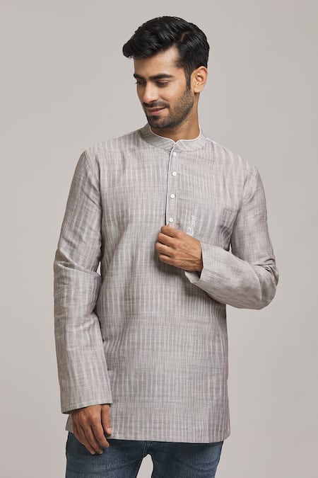 Buy_Arihant Rai Sinha_Grey Cotton Embroidery Pocket Short Kurta _Online_at_Aza_Fashions