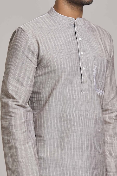 Shop_Arihant Rai Sinha_Grey Cotton Embroidery Pocket Short Kurta _Online_at_Aza_Fashions