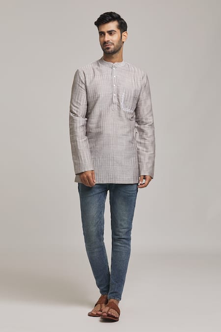 Arihant Rai Sinha_Grey Cotton Embroidery Pocket Short Kurta _at_Aza_Fashions