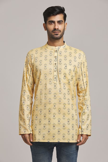 Arihant Rai Sinha Yellow Cotton Geometric Print Short Kurta Online at Aza Fashions Arihant Rai Sinha_Yellow Cotton Geometric Print Short Kurta _Online_at_Aza_Fashions