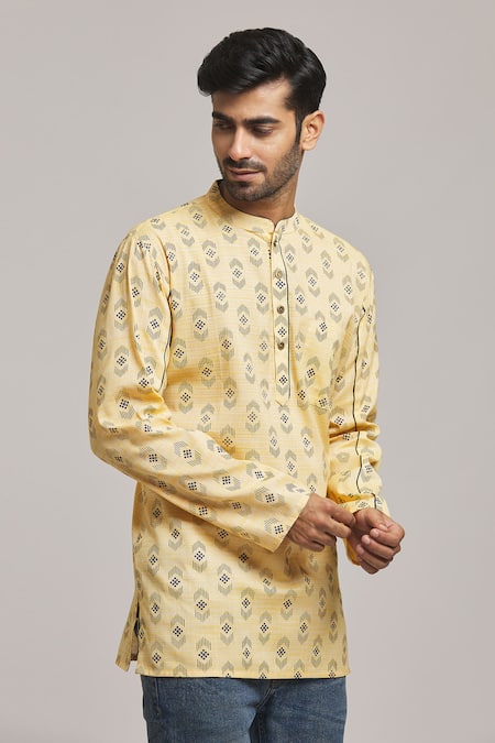 Buy Arihant Rai Sinha Yellow Cotton Geometric Print Short Kurta Online at Aza Fashions Buy_Arihant Rai Sinha_Yellow Cotton Geometric Print Short Kurta _Online_at_Aza_Fashions