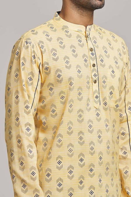 Shop Arihant Rai Sinha Yellow Cotton Geometric Print Short Kurta Online at Aza Fashions Shop_Arihant Rai Sinha_Yellow Cotton Geometric Print Short Kurta _Online_at_Aza_Fashions