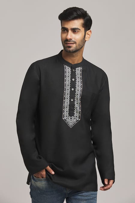 Arihant Rai Sinha Black Cotton, Silk Embroidery Geometric Placket Print Kurta