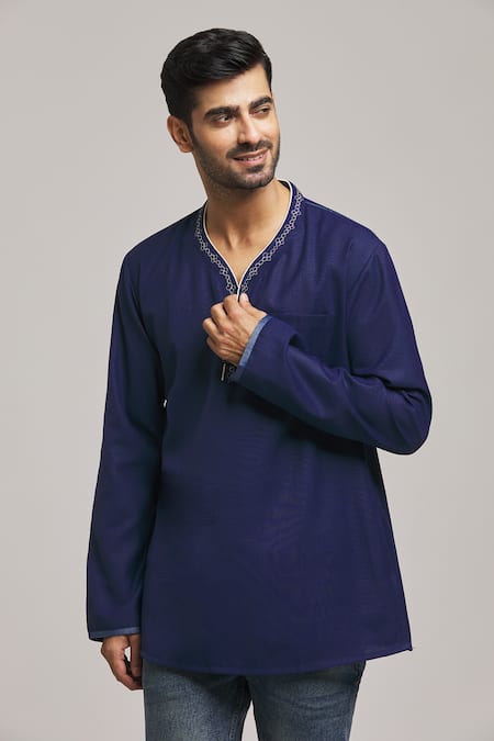 Arihant Rai Sinha Blue Cotton, Silk Embroidery Neckline Short Kurta Online at Aza Fashions Arihant Rai Sinha_Blue Cotton, Silk Embroidery Neckline Short Kurta _Online_at_Aza_Fashions