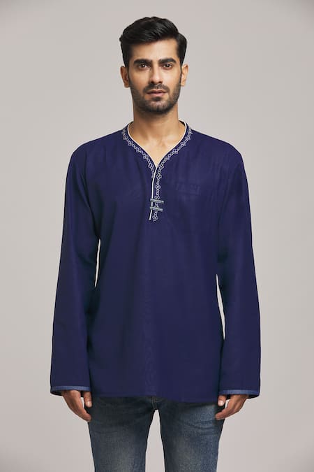 Shop Arihant Rai Sinha Blue Cotton, Silk Embroidery Neckline Short Kurta Online at Aza Fashions Shop_Arihant Rai Sinha_Blue Cotton, Silk Embroidery Neckline Short Kurta _Online_at_Aza_Fashions