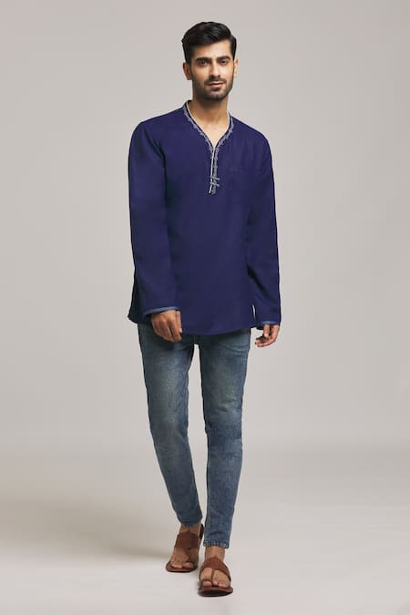 Arihant Rai Sinha Blue Cotton, Silk Embroidery Neckline Short Kurta at Aza Fashions Arihant Rai Sinha_Blue Cotton, Silk Embroidery Neckline Short Kurta _at_Aza_Fashions