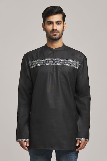 Arihant Rai Sinha Black Polyester, Cotton Embroidery Placement Block Print Short Kurta Online at Aza Fashions Arihant Rai Sinha_Black Polyester, Cotton Embroidery Placement Block Print Short Kurta _Online_at_Aza_Fashions