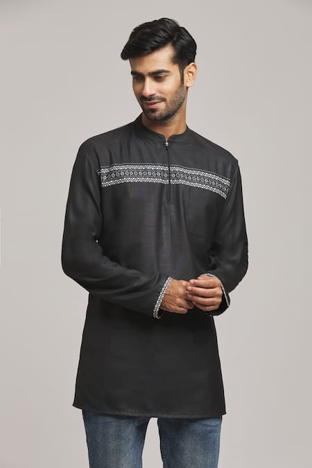 Buy Arihant Rai Sinha Black Polyester, Cotton Embroidery Placement Block Print Short Kurta Online at Aza Fashions Buy_Arihant Rai Sinha_Black Polyester, Cotton Embroidery Placement Block Print Short Kurta _Online_at_Aza_Fashions