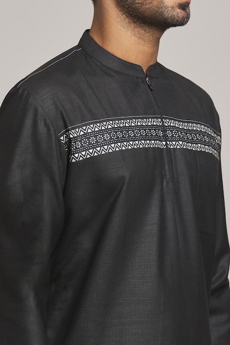 Shop Arihant Rai Sinha Black Polyester, Cotton Embroidery Placement Block Print Short Kurta Online at Aza Fashions Shop_Arihant Rai Sinha_Black Polyester, Cotton Embroidery Placement Block Print Short Kurta _Online_at_Aza_Fashions