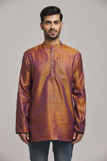 Arihant Rai Sinha Gold Cotton Embroidery Handwoven Short Kurta Online at Aza Fashions Arihant Rai Sinha_Gold Cotton Embroidery Handwoven Short Kurta _Online_at_Aza_Fashions