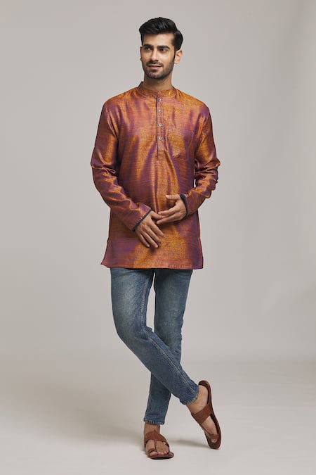 Arihant Rai Sinha Gold Cotton Embroidery Handwoven Short Kurta at Aza Fashions Arihant Rai Sinha_Gold Cotton Embroidery Handwoven Short Kurta _at_Aza_Fashions