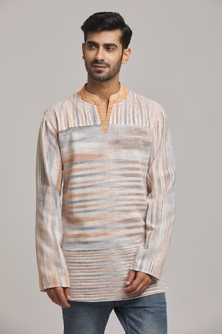 Arihant Rai Sinha Orange Cotton Striped Pattern Handloom Short Kurta 