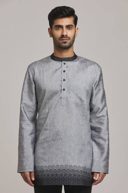 Arihant Rai Sinha_Grey Polyester, Cotton Hem Printed Short Kurta_Online_at_Aza_Fashions