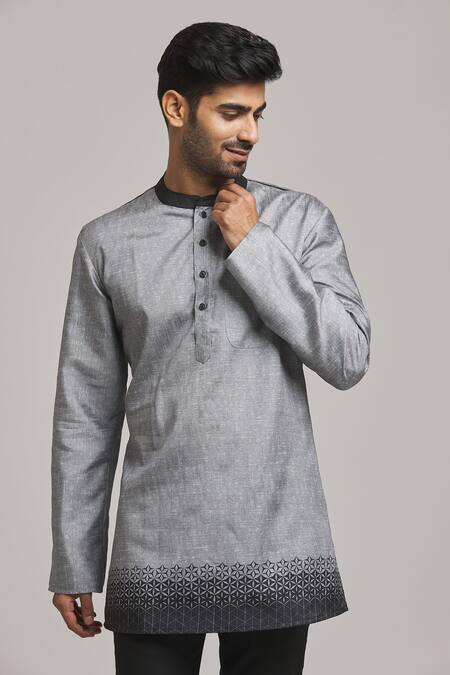Buy_Arihant Rai Sinha_Grey Polyester, Cotton Hem Printed Short Kurta_Online_at_Aza_Fashions