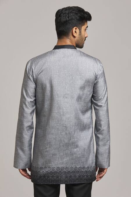 Shop_Arihant Rai Sinha_Grey Polyester, Cotton Hem Printed Short Kurta_at_Aza_Fashions