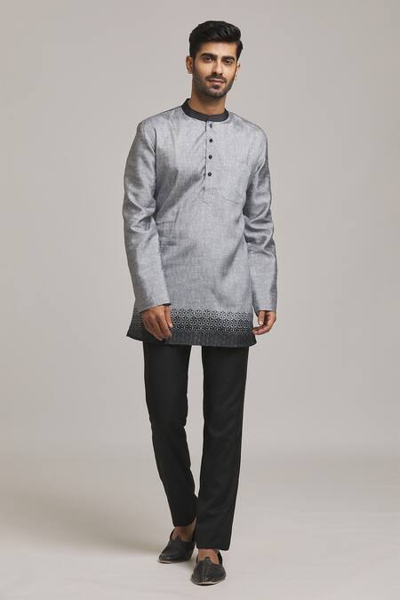 Arihant Rai Sinha_Grey Polyester, Cotton Hem Printed Short Kurta_at_Aza_Fashions