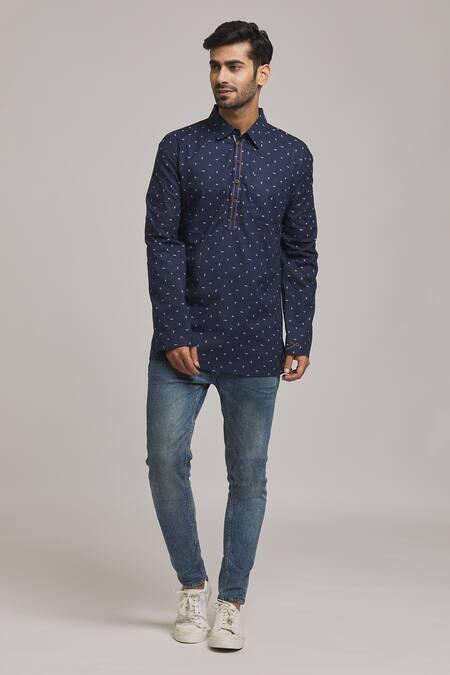 Arihant Rai Sinha Blue Cotton Abstract Print Short Kurta at Aza Fashions Arihant Rai Sinha_Blue Cotton Abstract Print Short Kurta _at_Aza_Fashions