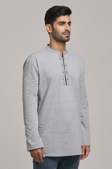 Arihant Rai Sinha_Grey Polyester, Cotton Embroidery Pinstriped Pattern Short Kurta _Online_at_Aza_Fashions