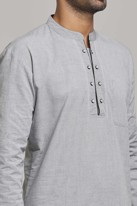 Buy_Arihant Rai Sinha_Grey Polyester, Cotton Embroidery Pinstriped Pattern Short Kurta _Online_at_Aza_Fashions