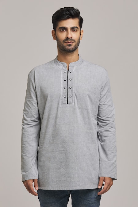 Shop_Arihant Rai Sinha_Grey Polyester, Cotton Embroidery Pinstriped Pattern Short Kurta _Online_at_Aza_Fashions