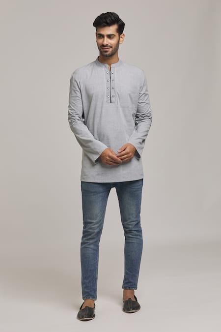 Arihant Rai Sinha_Grey Polyester, Cotton Embroidery Pinstriped Pattern Short Kurta _at_Aza_Fashions