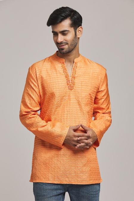 Arihant Rai Sinha Orange Poly Cotton Embroidered Thread Short Kurta 