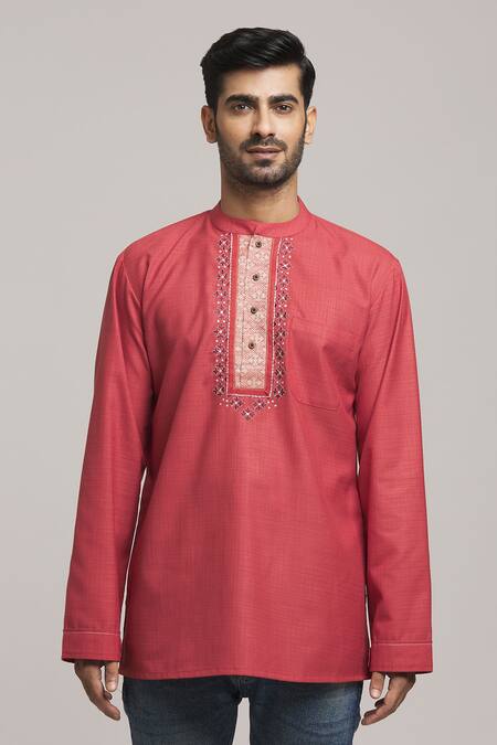 Arihant Rai Sinha_Red Polyester, Cotton Embroidery Checkered Pattern Kurta _Online_at_Aza_Fashions