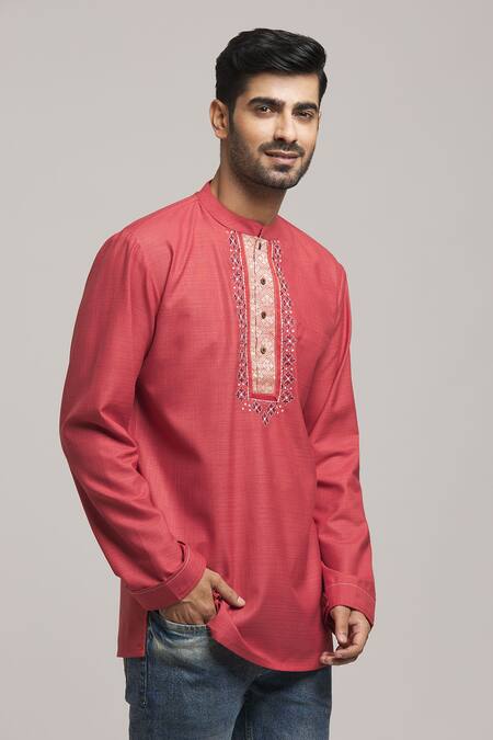 Buy_Arihant Rai Sinha_Red Polyester, Cotton Embroidery Checkered Pattern Kurta _Online_at_Aza_Fashions