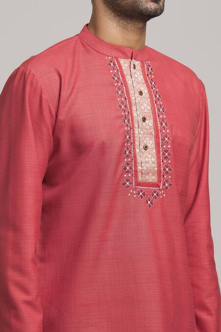 Shop_Arihant Rai Sinha_Red Polyester, Cotton Embroidery Checkered Pattern Kurta _Online_at_Aza_Fashions