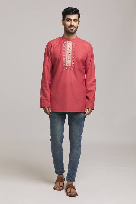 Arihant Rai Sinha_Red Polyester, Cotton Embroidery Checkered Pattern Kurta _at_Aza_Fashions