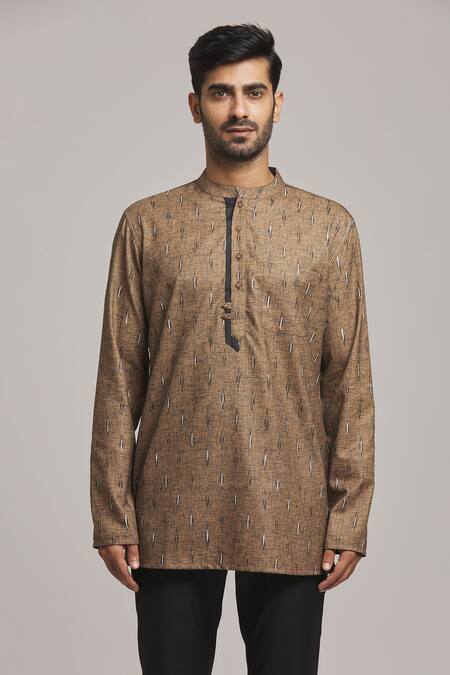 Arihant Rai Sinha_Brown Polyester, Cotton Abstract Print Short Kurta _Online_at_Aza_Fashions