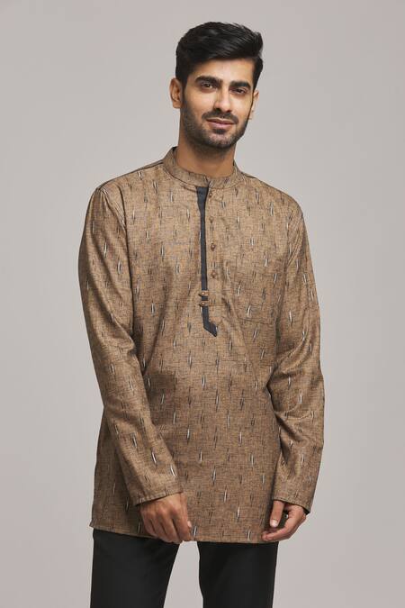 Buy_Arihant Rai Sinha_Brown Polyester, Cotton Abstract Print Short Kurta _Online_at_Aza_Fashions