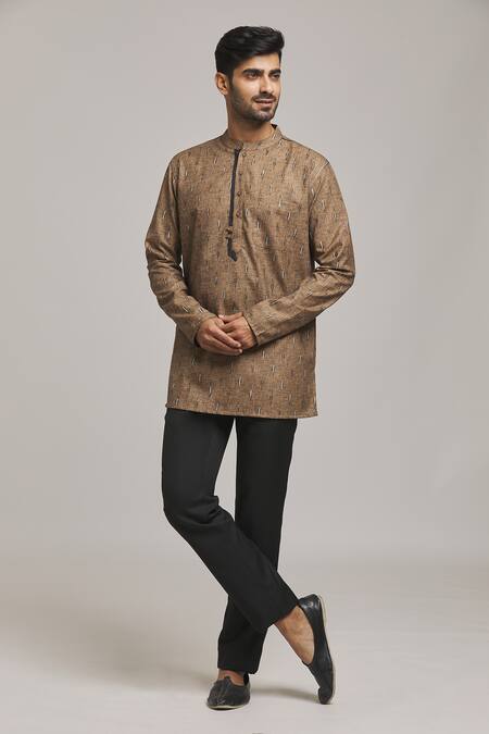 Arihant Rai Sinha_Brown Polyester, Cotton Abstract Print Short Kurta _at_Aza_Fashions