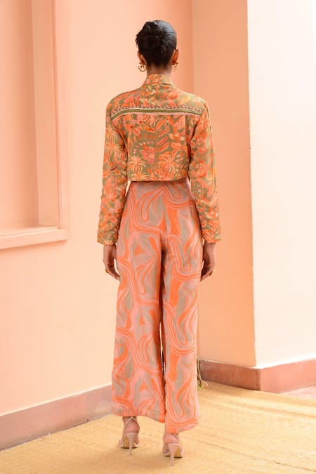 Shop Rishi and Vibhuti Peach Crepe Tassels, Embroidery Signature Cascade Duo Jacket And Pant Set at Aza Fashions Shop_Rishi and Vibhuti_Peach Crepe Tassels, Embroidery Signature Cascade Duo Jacket And Pant Set _at_Aza_Fashions