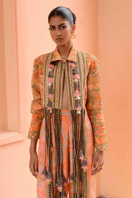 Rishi and Vibhuti Peach Crepe Tassels, Embroidery Signature Cascade Duo Jacket And Pant Set Online at Aza Fashions Rishi and Vibhuti_Peach Crepe Tassels, Embroidery Signature Cascade Duo Jacket And Pant Set _Online_at_Aza_Fashions