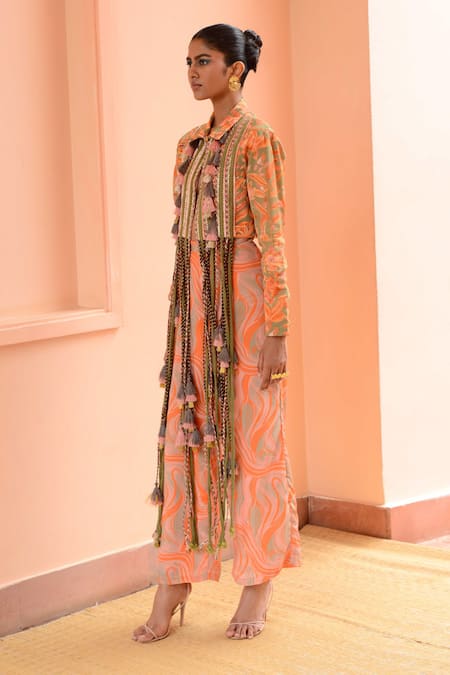 Buy Rishi and Vibhuti Peach Crepe Tassels, Embroidery Signature Cascade Duo Jacket And Pant Set Online at Aza Fashions Buy_Rishi and Vibhuti_Peach Crepe Tassels, Embroidery Signature Cascade Duo Jacket And Pant Set _Online_at_Aza_Fashions