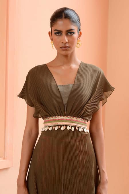 Rishi and Vibhuti_Green Crepe, Georgette Beads V-neck Sage Pleated Cape And Printed Pant Set_Online_at_Aza_Fashions