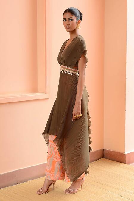 Buy_Rishi and Vibhuti_Green Crepe, Georgette Beads V-neck Sage Pleated Cape And Printed Pant Set_Online_at_Aza_Fashions