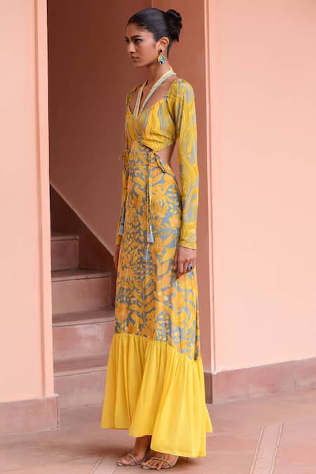 Rishi and Vibhuti Blue Organza, Crepe Embroidery Halter Nk Tides Wave Print Crop Top And Skirt Set Online at Aza Fashions Rishi and Vibhuti_Blue Organza, Crepe Embroidery Halter Nk Tides Wave Print Crop Top And Skirt Set _Online_at_Aza_Fashions