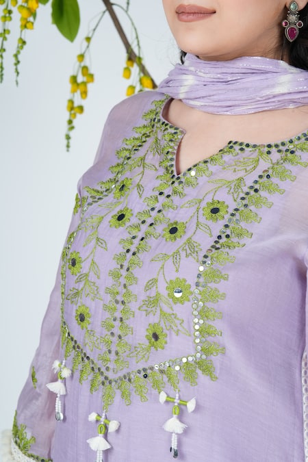 Shop_Jyoti Bansal_Purple Cotton, Kurta Mulmul Chanderi Mirror And Thread Embroidered Salwar Set_Online_at_Aza_Fashions