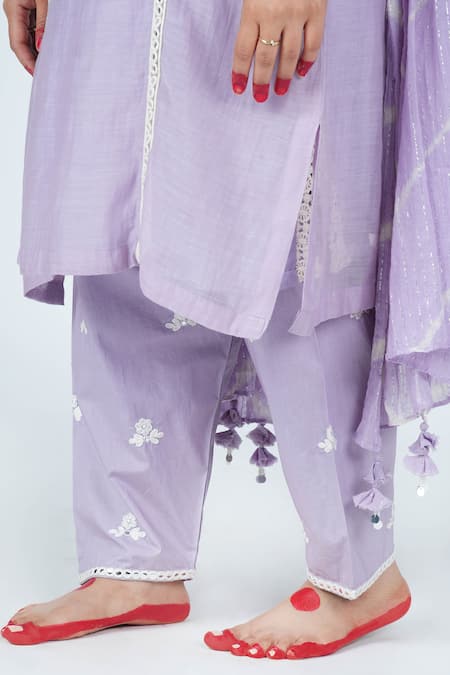 Buy_Jyoti Bansal_Purple Cotton, Kurta Mulmul Chanderi Mirror And Thread Work Round Salwar Set_Online_at_Aza_Fashions