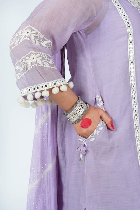 Jyoti Bansal_Purple Cotton, Kurta Mulmul Chanderi Mirror And Thread Work Round Salwar Set_Online_at_Aza_Fashions